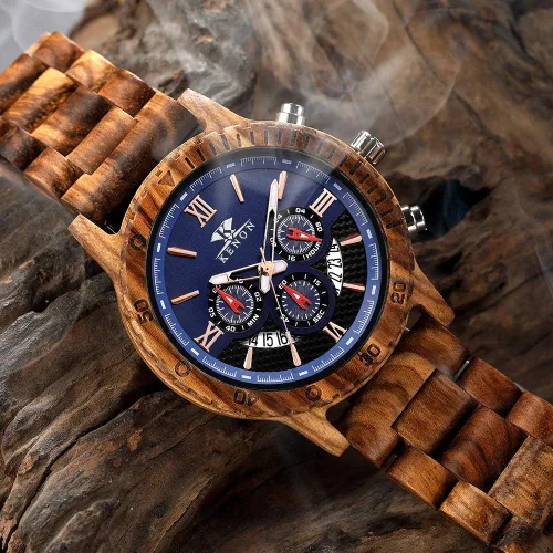Vista 4 de Relojes de madera grabados personalizados, de lujo, analógicos, de cuarzo, con fecha, cronógrafo, multifuncional, de madera, para hombres