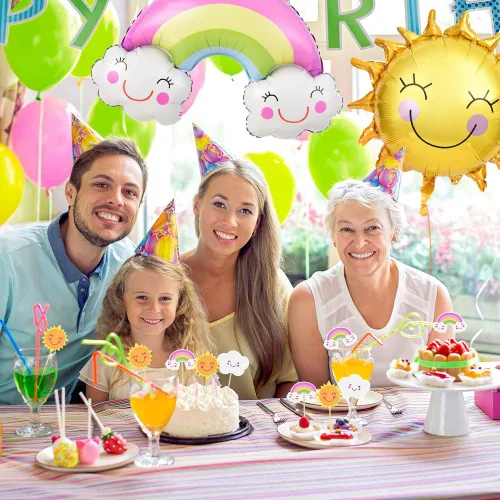 Vista 5 de Decoración para cupcakes con temática de sol y arco iris, 36 piezas de decoración de pastel temático de sol sonriente para cumpleaños, baby shower