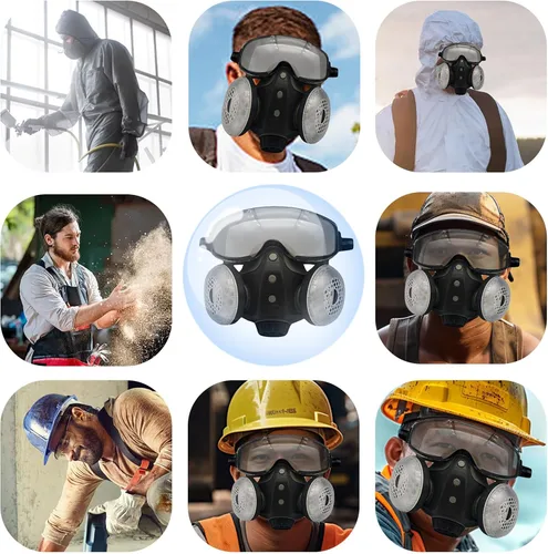 Vista 4 de Máscara respiradora integrada a prueba de polvo, protector facial de grado industrial para pintura en aerosol y molienda, respirador de pintura