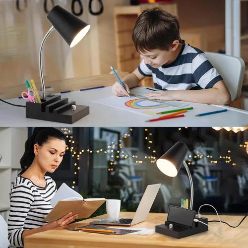 Vista 2 de LALISU Lámpara de escritorio de estudio con carga USB y luz nocturna tipo C, lámpara de mesa LED de cuello de cisne, lámpara de mesa de estudio