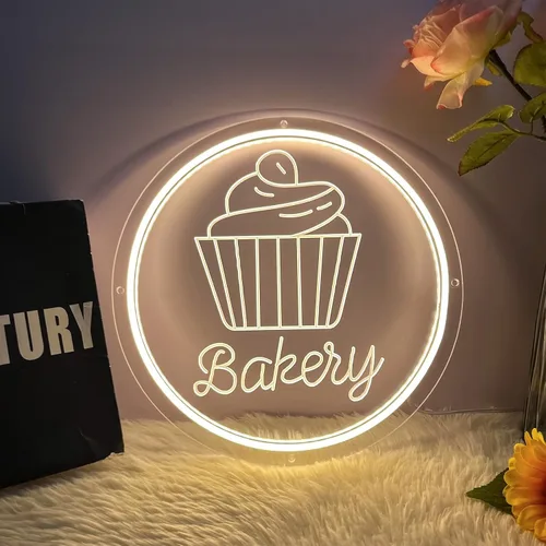 Vista 2 de Letrero de neón de panadería para decoración de pared, luz LED regulable, luz de neón, pasteles, pan, letreros para negocios, postres, alimentos