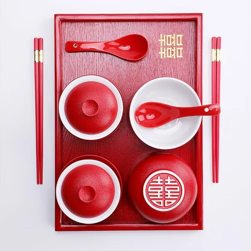 Vista 3 de GVILTY Suministros de decoración de boda tradicionales chinos Juego de té de porcelana de felicidad doble palillos de cuenco de regalo, Juego de té
