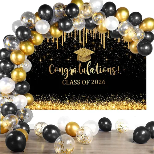 Vista 6 de Mocsicka Fondo de graduación de 7 x 5 pies 2026, decoraciones de graduación negro y dorado, pancarta de felicitaciones de graduación 2026, fondo