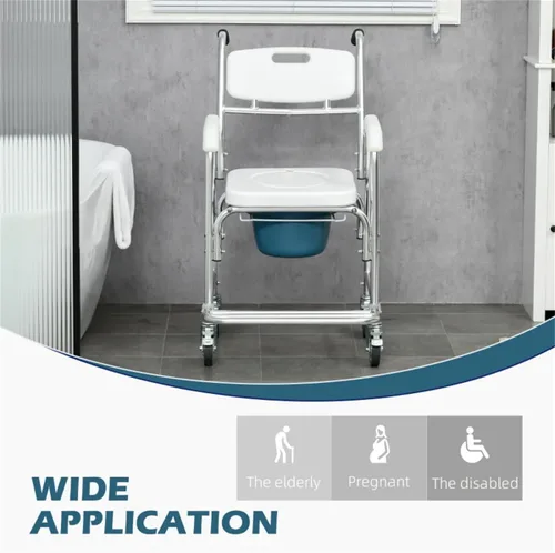 Vista 12 de Silla de cama 4 en 1, silla de ruedas para ducha, silla de transporte portátil con brazos y 4 frenos, inodoro portátil para adultos, personas