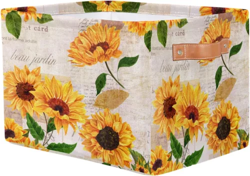 Vista 2 de Cesta de almacenamiento de flores y girasoles, organizador plegable grande para estantes, cubos de lona resistentes con asas para juguetes, armario