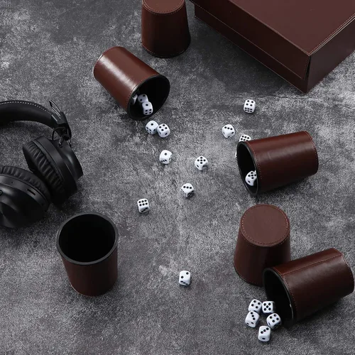 Vista 4 de Party Games - Juego de dados de cuero, 6 tazas de dados de cuero negro + 30 dados + funda exclusiva de almacenamiento y transporte hecha de piel