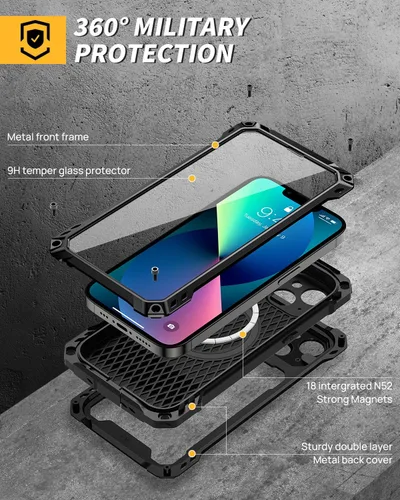 Vista 2 de Lanhiem Funda de metal para iPhone 13 con funda de cámara y soporte [compatible con MagSafe] [Soporte integrado] [Protección de grado militar] Funda