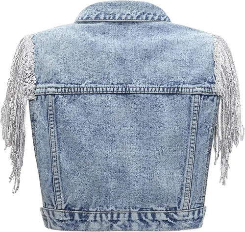Vista 2 de SweatyRocks Chaqueta vaquera sin mangas con botones y flecos para mujer