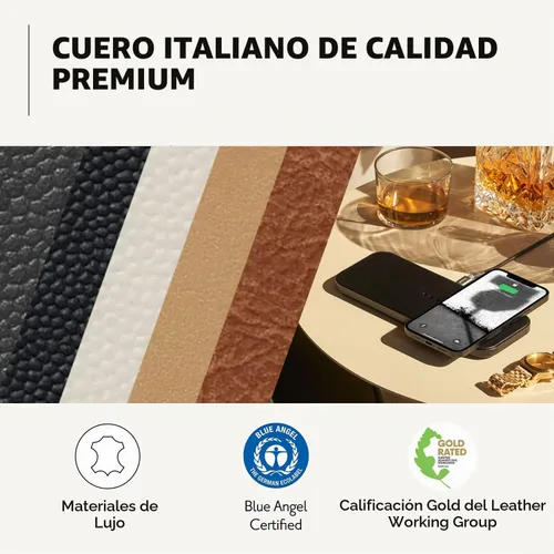 Vista 3 de Courant Catch:2 Classics - Almohadilla de carga inalámbrica dual de cuero italiano - Compatible con iPhone 11, X, SE, Galaxy S23, S22, S21, S20