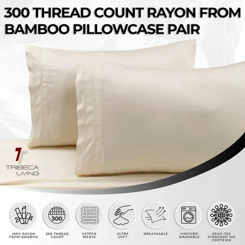 Vista 2 de Tribeca Living BAMB300PCSTIV - Par de almohadas de rayón de bambú de 300 hilos, tamaño estándar, color marfil