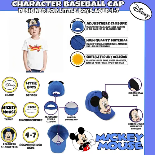 Vista 2 de Disney Gorra de béisbol de Mickey Mouse para niños, con orejas 3D, correa trasera curvada (4-7), Azul