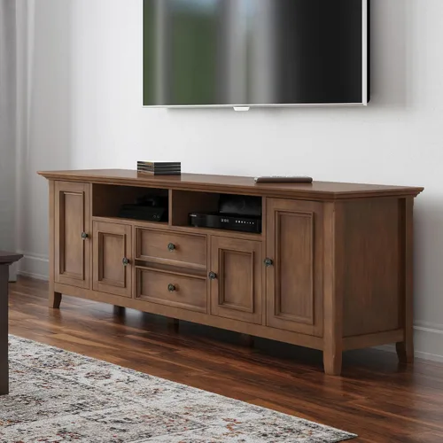 Vista 2 de SIMPLIHOME Amherst - Soporte de TV de transición de madera maciza de 72 pulgadas de ancho, estilo rústico marrón envejecido, para televisores