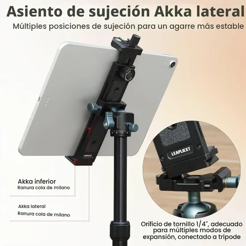 Vista 4 de Soporte para iPad de aleación de aluminio para trípode, compatible con iPad mini y tabletas de 5-8.8 pulgadas, tornillo de 1/4 pulgadas y liberación