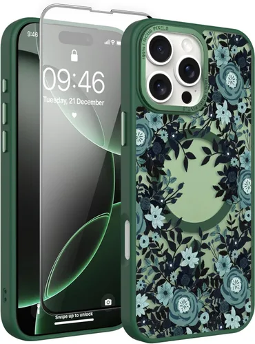 Vista 30 de Magnético para iPhone 13 con protector de pantalla [Compatible con MagSafe] Diseño de patrón floral de flores bonitas, funda delgada a prueba