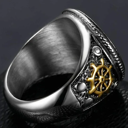 Vista 2 de Jude Jewelers Anillo de acero inoxidable antiguo con diseño de calavera pirata para Halloween, cóctel, fiesta, motociclista