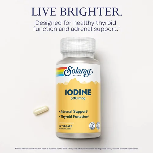 Vista 4 de Solaray Yodo 500 mcg, suplemento de yodo para apoyo suprarrenal y tiroideo saludable, energía, metabolismo y enfoque, yoduro de potasio, vegano