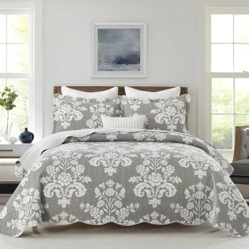 Vista 17 de Juego de edredón 100% algodón tamaño Queen de 3 piezas, edredón floral de damasco con 2 fundas, colcha acolchada floral vintage, ropa de cama ligera