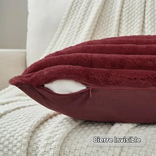 Vista 3 de FUTEI Pack of 2 Faux Fur Throw Pillow Covers 22x22 Inch, Burgundy Borgoña