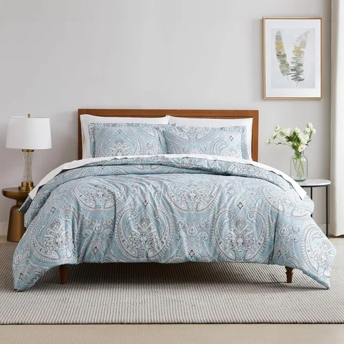 Vista 25 de Southshore Fine Living, Inc. Juego de edredón costero individual XL, edredón de plumón alternativo a rayas azules, tamaño individual XL con funda