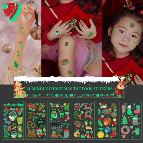 Vista 2 de Tatuajes de Navidad para niños, tatuajes temporales luminosos, 400 calcomanías impermeables de Navidad, tatuajes falsos que brillan en la oscuridad