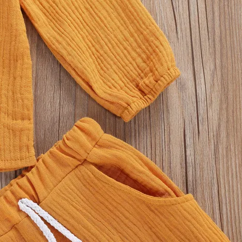Vista 7 de Karuedoo Conjunto de pantalones de lino de algodón para bebé, niño, niña, camiseta de manga larga, con cordón, cintura elástica