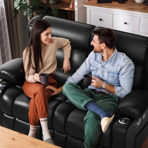 Vista 7 de Juego de sofá reclinable loveseat con 2+1 piezas, 2 plazas estilo minimalista reclinable manual con tirador, loveseat con puertos de carga USB