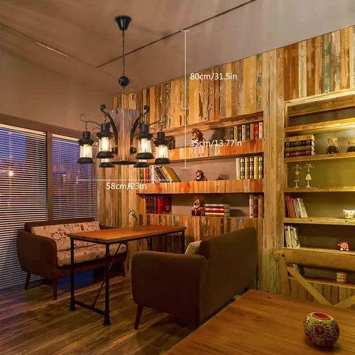 Vista 4 de OUKANING Lámpara colgante de madera envejecida, estilo retro, rústica, línea de luz de techo de suspensión industrial que se puede ajustar para mesa