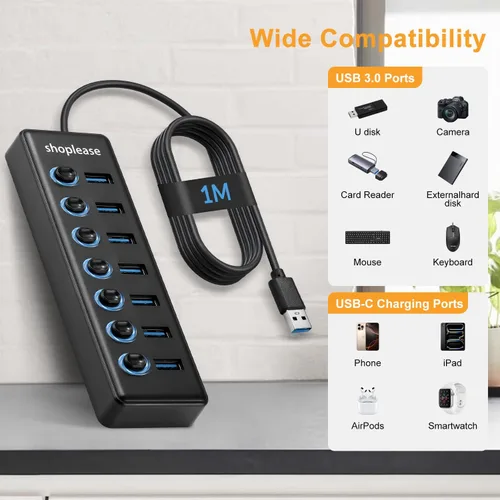 Vista 5 de Hub USB 3.0 SuperSpeed con línea de 1M, divisor de 7 puertos con interruptores de alimentación individuales y luz LED