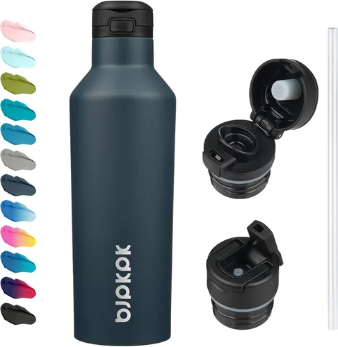 Vista 28 de BJPKPK Botella de agua aislada con pajilla, botellas de agua de acero inoxidable de 17 onzas con 2 tapas y asa de transporte, botella térmica