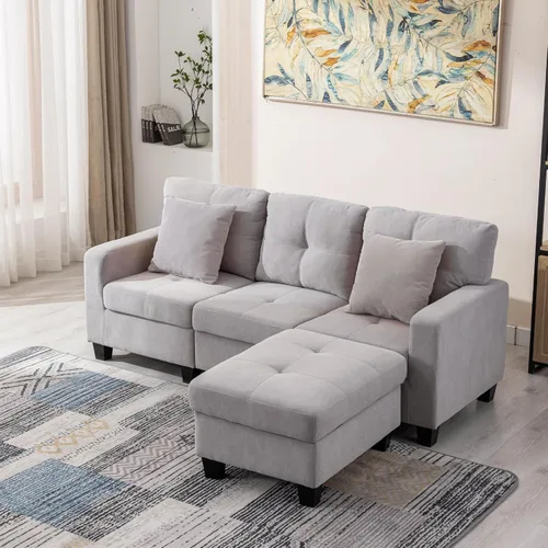 Vista 9 de Sofá modular convertible con otomana de almacenamiento, 7 plazas, en forma de L, moderno sofá esquinero de terciopelo para sala de estar