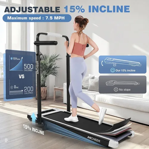 Vista 3 de ANCHEER Caminadora con escritorio, caminadora plegable de 3.5 HP con 15% de inclinación y barra de mango, ultra silenciosa, capacidad de 450 libras