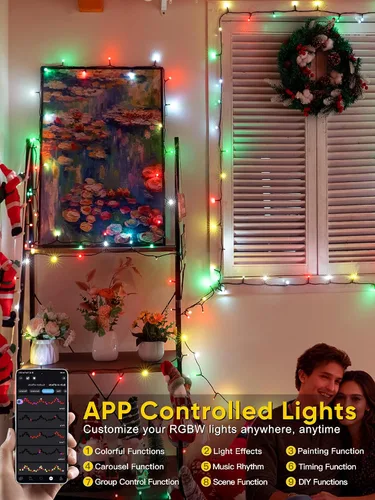 Vista 3 de Guhope Luces de Navidad inteligentes que cambian de color, 66 pies, 200 luces LED RGB de Navidad con aplicación y control remoto, luces impermeables
