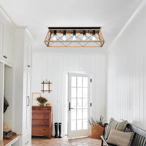 Vista 8 de 31.5" Flush Mount Ceiling Light Fixture, 5-Light Vintage Industrial Cage Chandelier for Dining Room, Kitchen Island, Living Room, Dimmable Semi