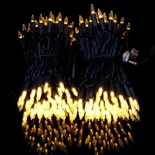 Vista 9 de YULETIME Juego de 200 luces LED de Navidad de color blanco cálido con cable negro, paquete de 2 hebras de 33 pies, 100 luces con certificación UL