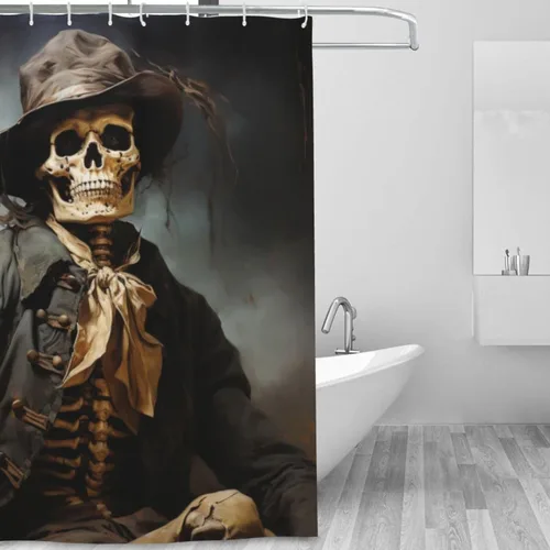 Vista 2 de YLATY3387 - Cortina de ducha de traje negro con calavera para baño, divertido juego de cortina de ducha de esqueleto hippie bohemio, tela de pintura