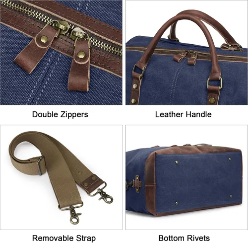 Vista 36 de S-ZONE - Bolsa de viaje de lona sobredimensionada con adornos de cuero genuino, bolsa deportiva de hombro de fin de semana, bolso de fin de semana