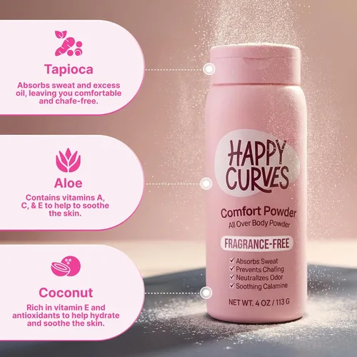 Vista 5 de HAPPY CURVES Comfort Powder: desodorante en polvo antirozaduras sin talco para el cuerpo y los pies para controlar las rozaduras internas del muslo