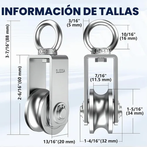 Vista 2 de Bloque de polea giratoria tipo U, poleas de acero inoxidable 304 para elevación de cable de cuerda de alambre, parte de equipo de gimnasio DIY