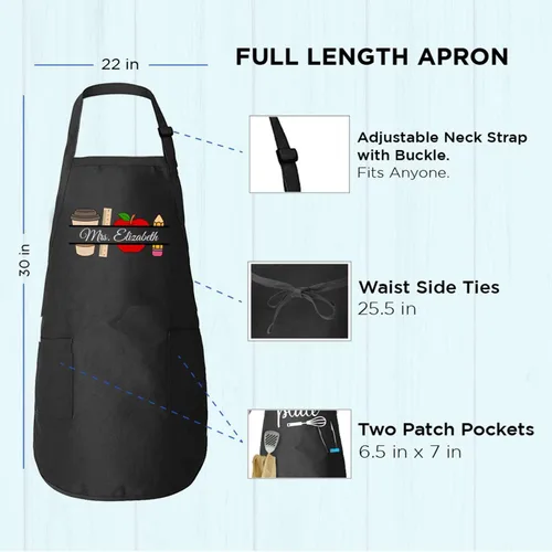 Vista 2 de shop4ever Delantal personalizado con nombre de profesor de café, manzana, con bolsillos, regalo personalizable para profesores de arte, niños, Negro