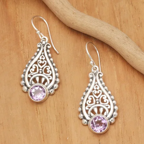 Vista 2 de NOVICA de amatista plata de ley 925. Dangle arete "Lágrimas de Felicidad