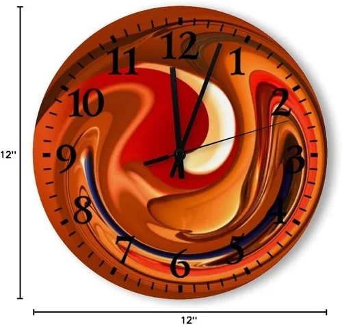 Vista 3 de Reloj de pared de madera, reloj de madera para sala de estar y dormitorio, diseño abstracto de color naranja quemado y rojo, funciona con pilas, 12