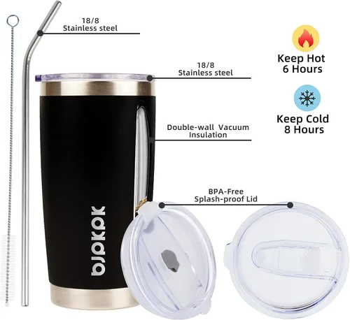 Vista 2 de BJPKPK Vaso de café de 20 onzas con tapa, pajita, taza aislada de acero Negro