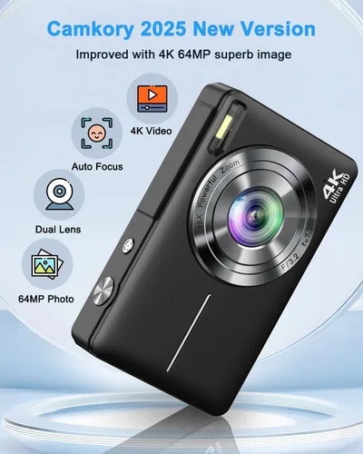 Vista 2 de Cámara digital 4K, cámara compacta de punto y disparo con enfoque automático, cámara dual, flash, zoom 16X, tarjeta de 32GB, cámaras de 64MP