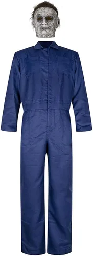 Vista 2 de Poboola Disfraz de Michael Myers 2022 de Halloween con máscara de cuchillo y accesorios para cosplay de adultos