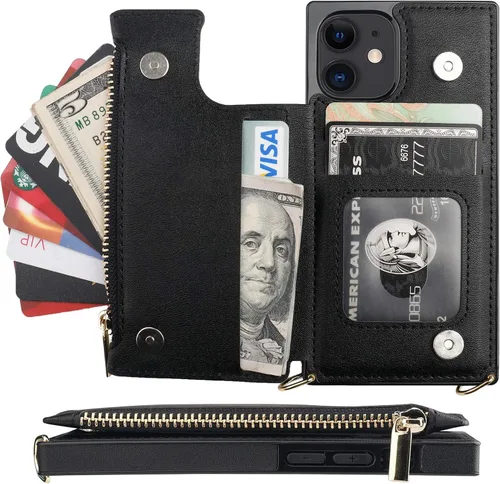 Vista 3 de Bocasal Funda tipo cartera cruzada para iPhone 12 Mini con tarjetero, protector de ranura para tarjetas con cremallera, a prueba de golpes, con Negro