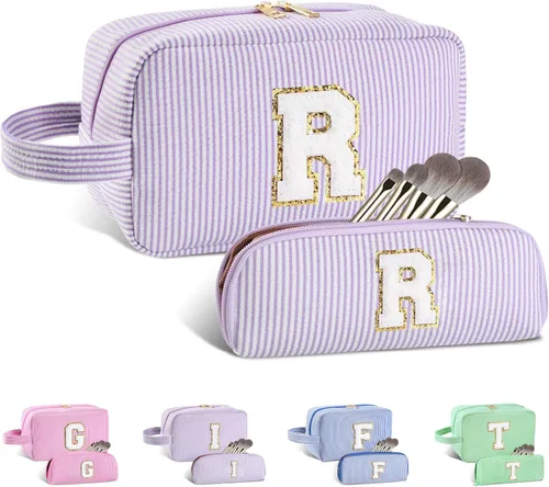 Vista 116 de Bolsa de maquillaje personalizada con inicial A-Z para mujeres, niñas y niños, bolsa de aseo de viaje, bolsa de maquillaje preparada, bolsa