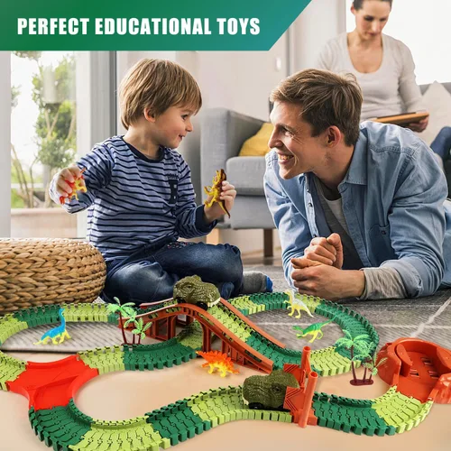 Vista 5 de Jurassic Dinosaur Toys - Carrera de autos de carreras para niños de 4 a 7 años, dinosaurio World Road Race – Juego de pista de tren flexible con 2