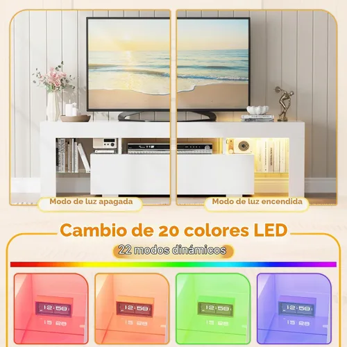 Vista 3 de YESHOMY Moderno soporte de TV LED para sala de estar con estantes de vidrio y cajón, centro de entretenimiento para dormitorio con múltiples modos