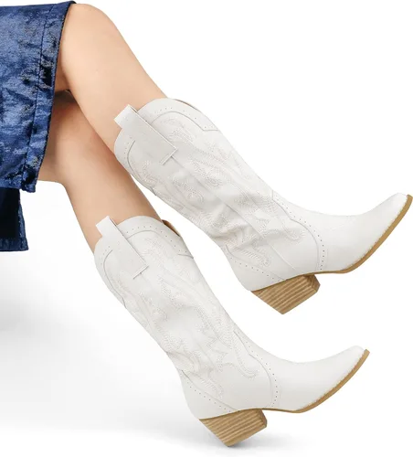 Vista 6 de MERUMOTE Botas de tobillo cortas de vaquero occidental para mujer, zapatos bordados, botas de invierno
