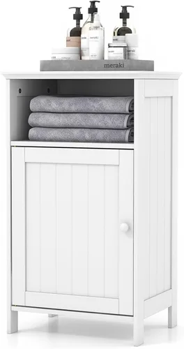 Vista 11 de Giantex Armario de almacenamiento de piso de baño, gabinete lateral con compartimento abierto, estante ajustable de 3 posiciones, base elevada
